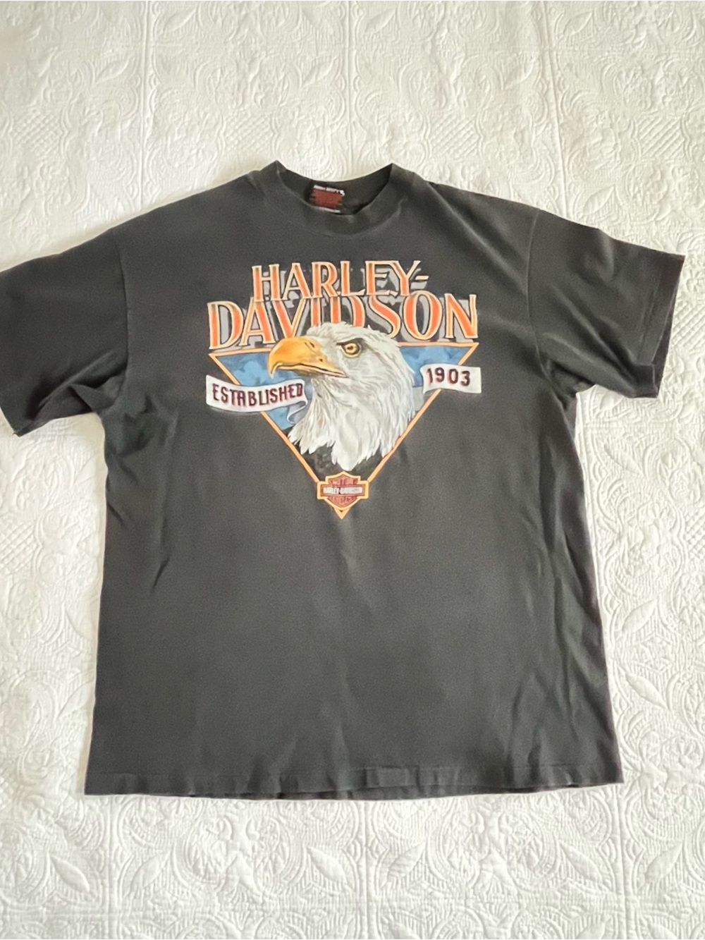 Harley-Davidson Lafayette Indiana Vintage Faded Black Tee with Eagle Graphic